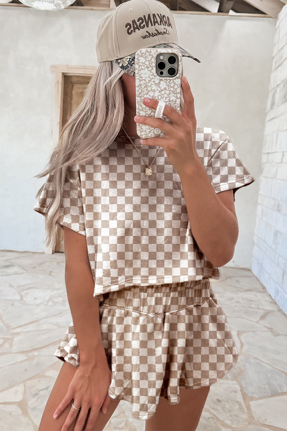 Pink Checkerboard T Shirt and High Waist Skorts 2 Piece Outfit