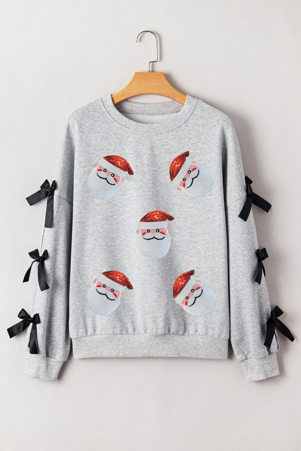 Light Grey Sequin Santa Claus Patched Ribbon Bow Detail Split Sleeve Baggy Sweatshirt
