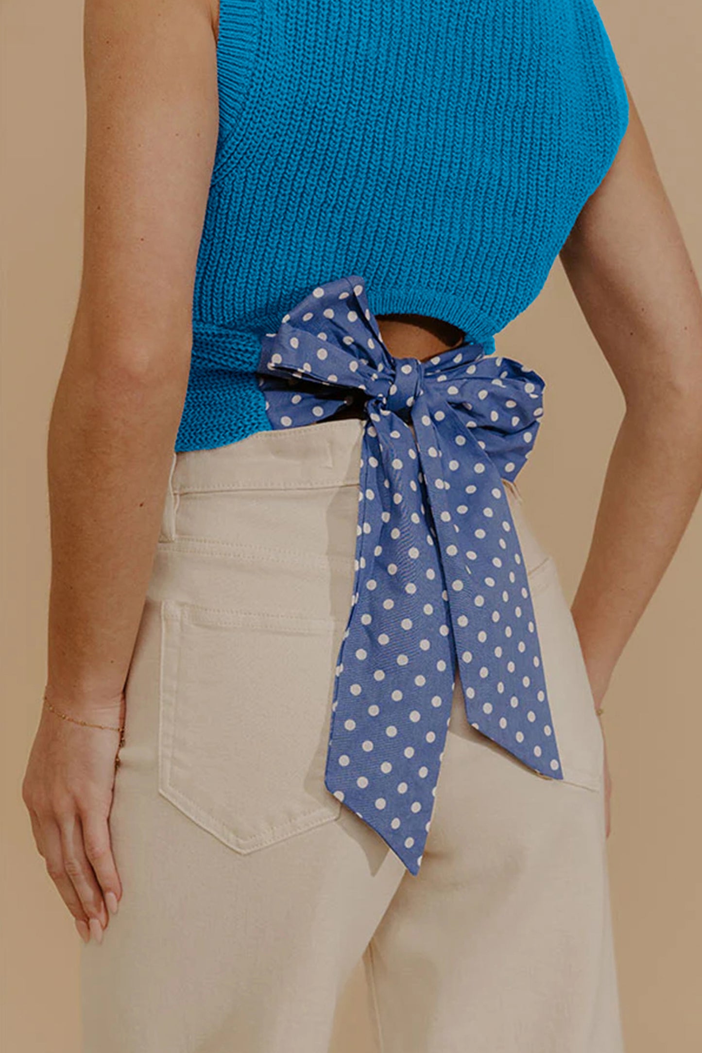 Polka Dot Knit Sweater Vest Back Bow Crop Top