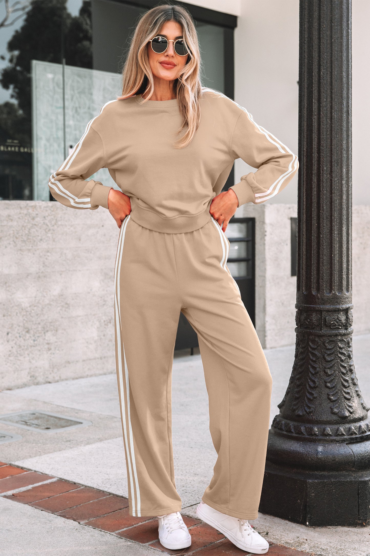 Black Varsity Striped Detail Crewneck Pullover Elastic Sweatpants 2pcs Outfit