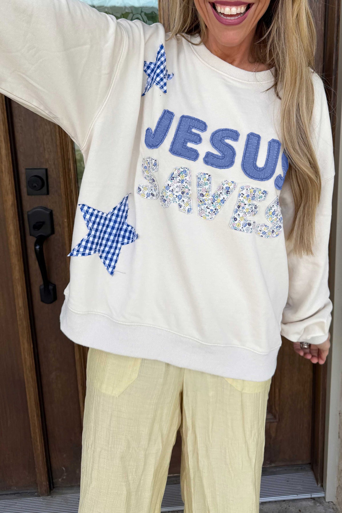 Pink Patchwork Stars Plaid Unique Floral Letters Baggy Sweatshirt