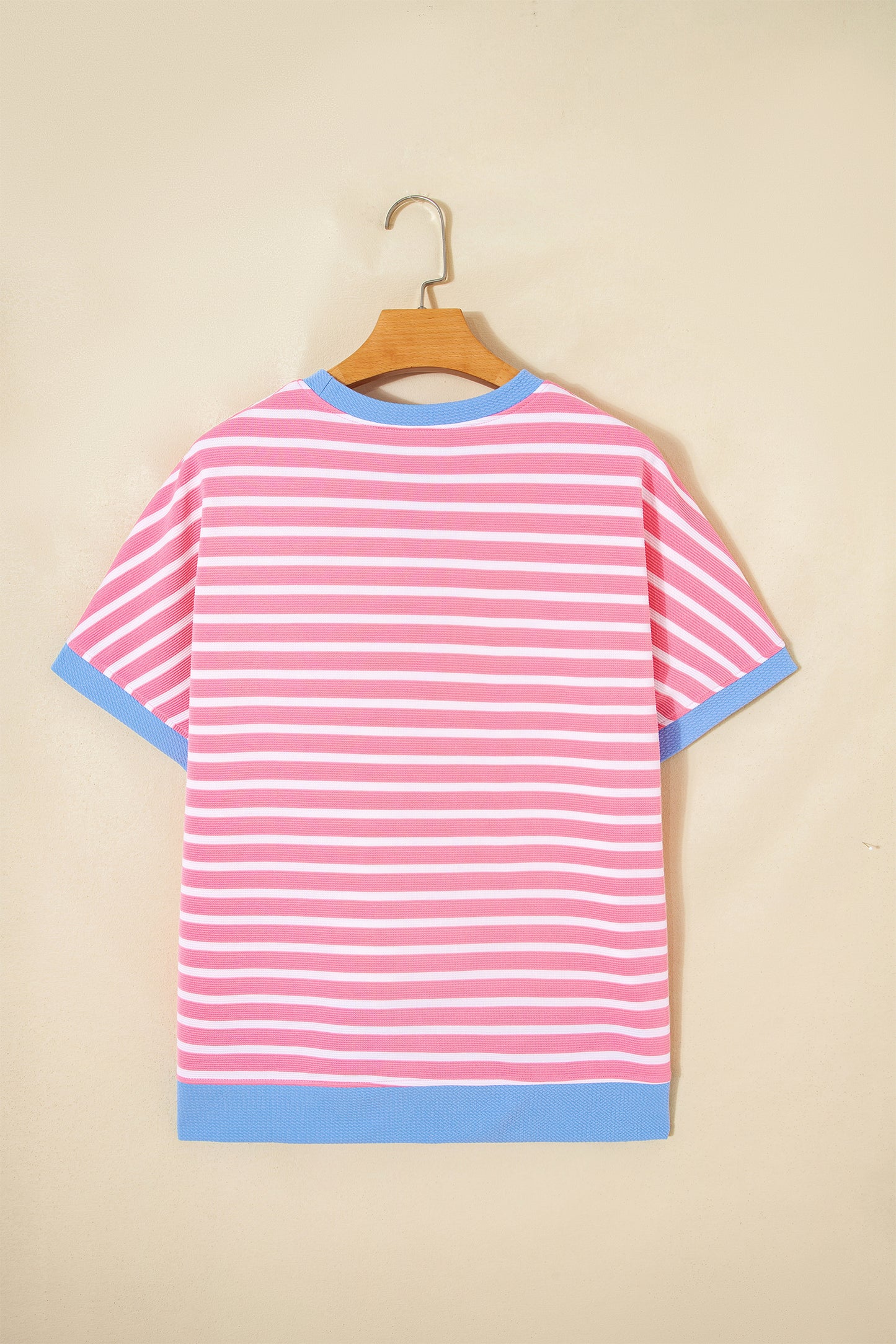 Sky Blue Stripe Contrast Trim Loose Short Sleeve Top