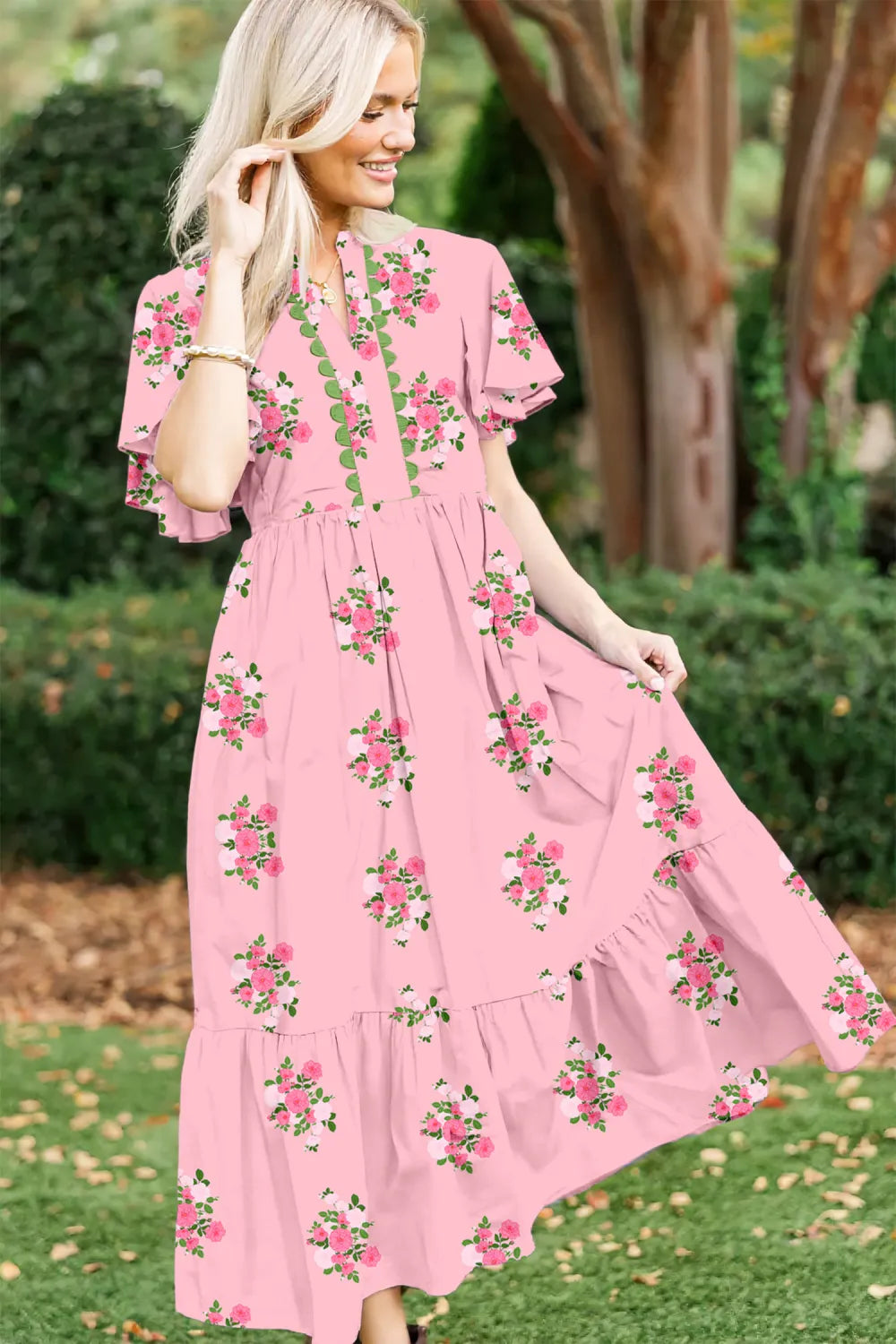 Pink Notched Neck Flutter Short Sleeve Floral Print Maxi Dress