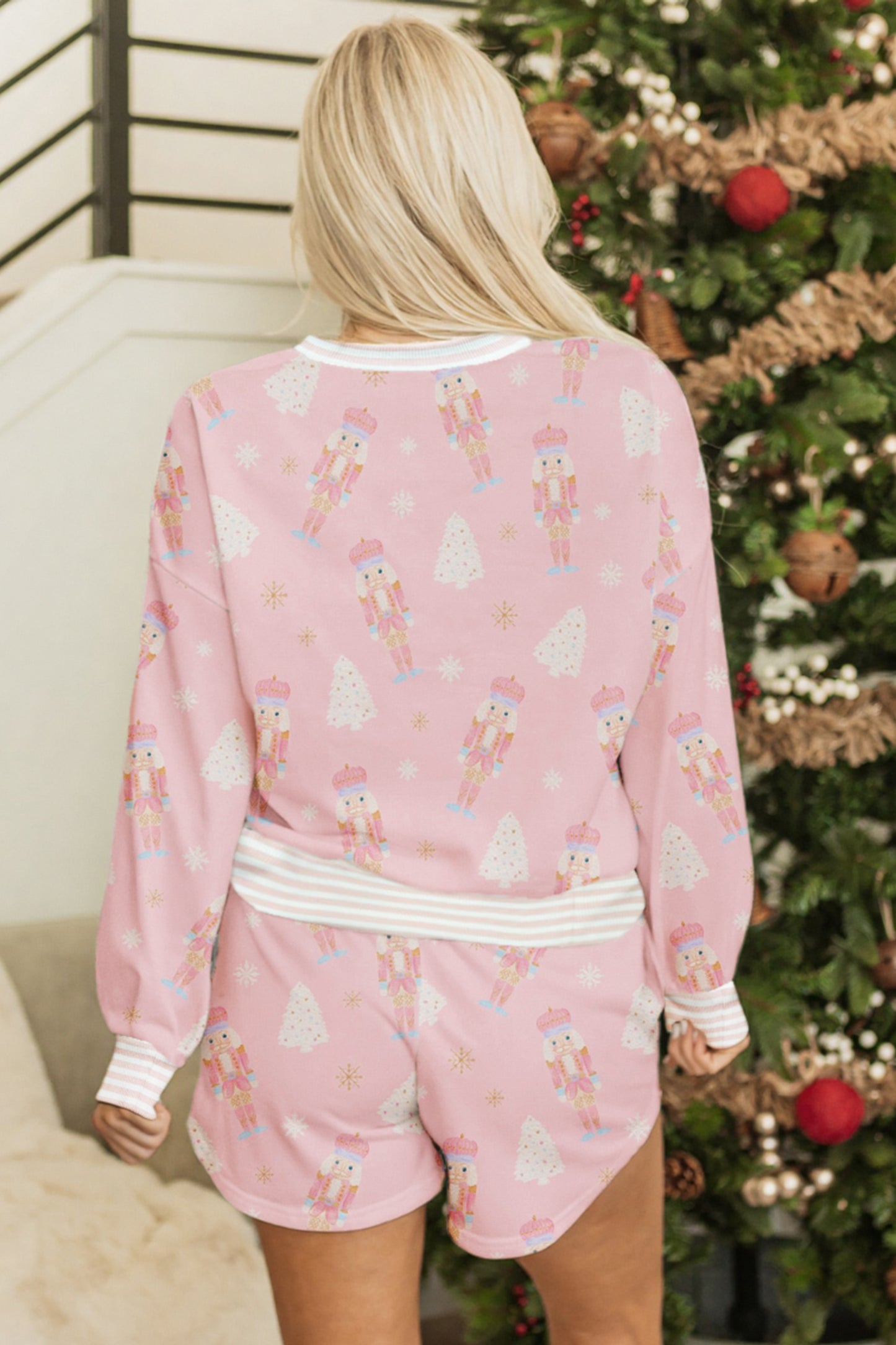 Pink Christmas Tree Nutcracker Doll Print Contrast Trim Long Sleeve Top Matching Shorts Set