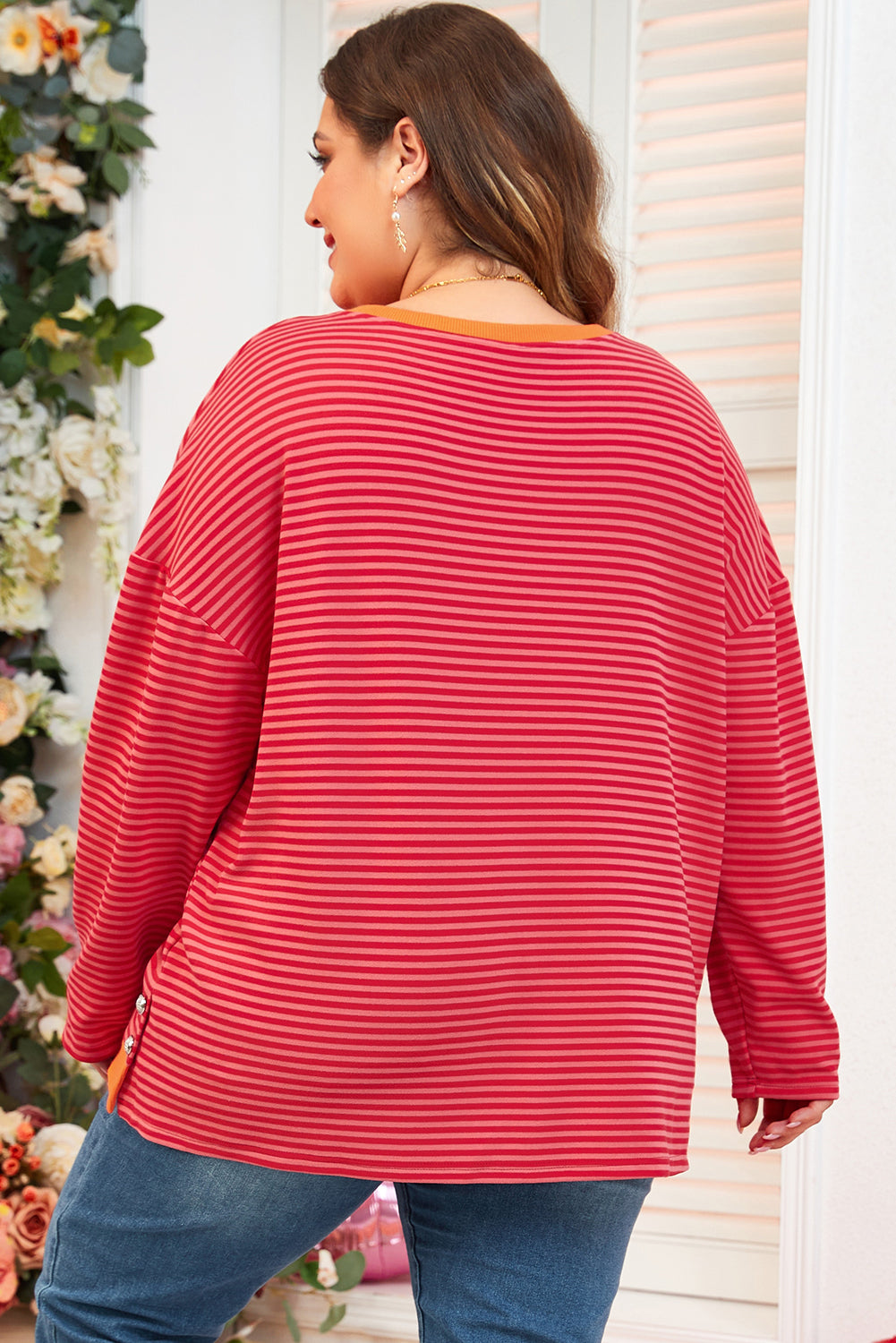 Stripe Plus Size Drop Shoulder Long Sleeve Buttoned Decor Top