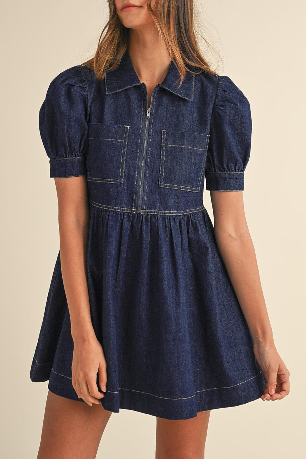 Puff Sleeve Zipper Front Denim Mini Dress with High Waist