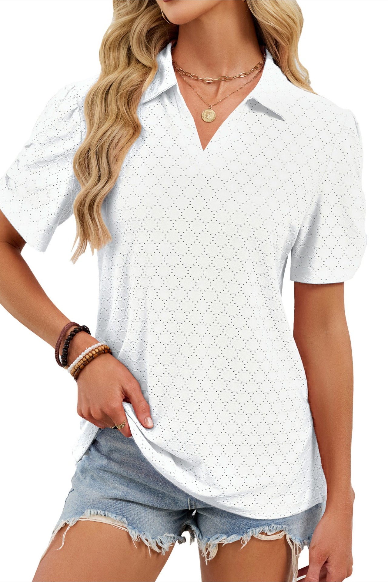 Women's V-Neck Puff Sleeve Polo Shirt Loose Casual Summer Top