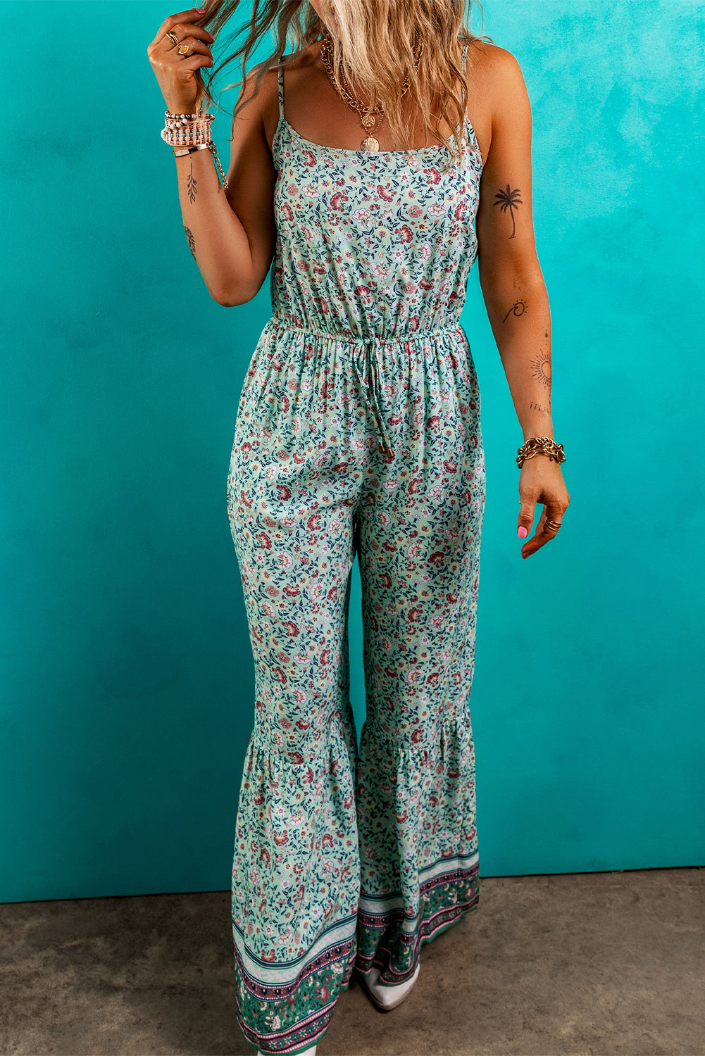 Green Bohemian Floral Ruffle Bottom Spaghetti Strap Jumpsuit