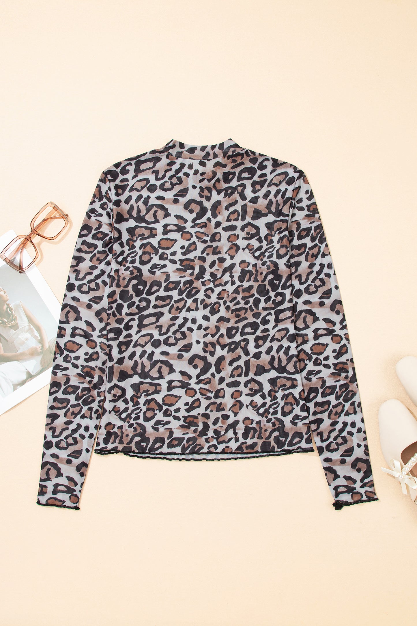 Brown Leopard Mock Neck Mesh Long Sleeve Top