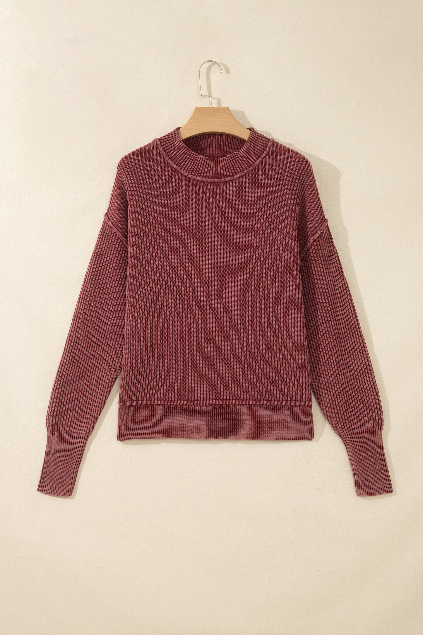Red Dahlia Drop Shoulder High Neck Ribbed Sweater
