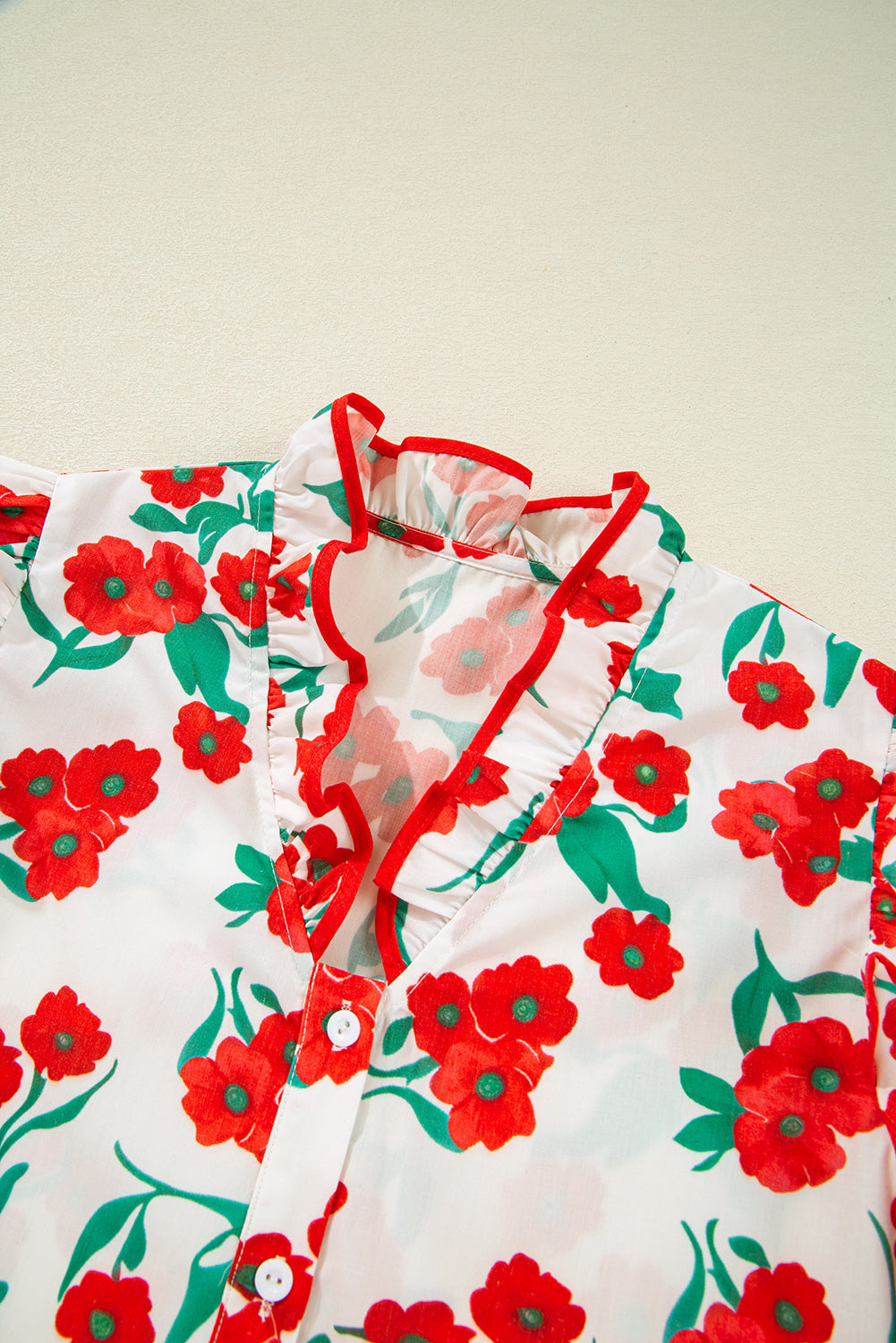 Red Floral Print Ruffled Puff Sleeve Elegant Summer Shirt