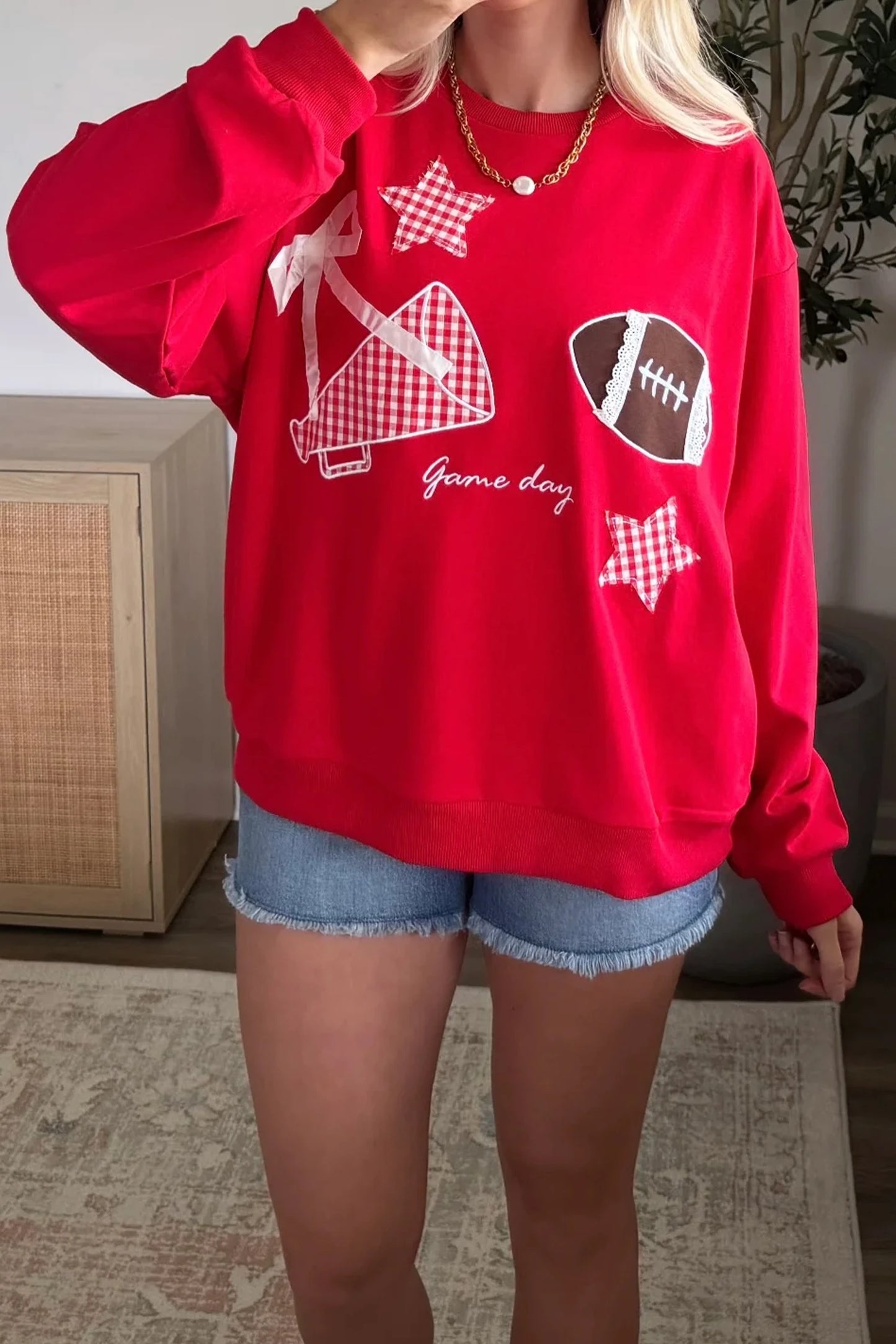 Gingham Patch Embroidered Rugby Game Day Stars Sweatshirt