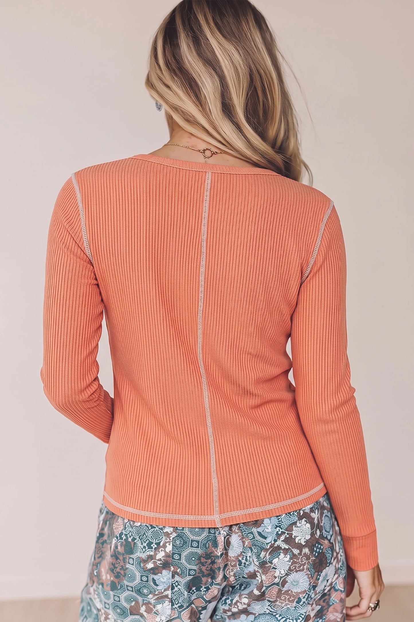 Dark Khaki V Neck Ribbed Stitched Detail Long Sleeve Top