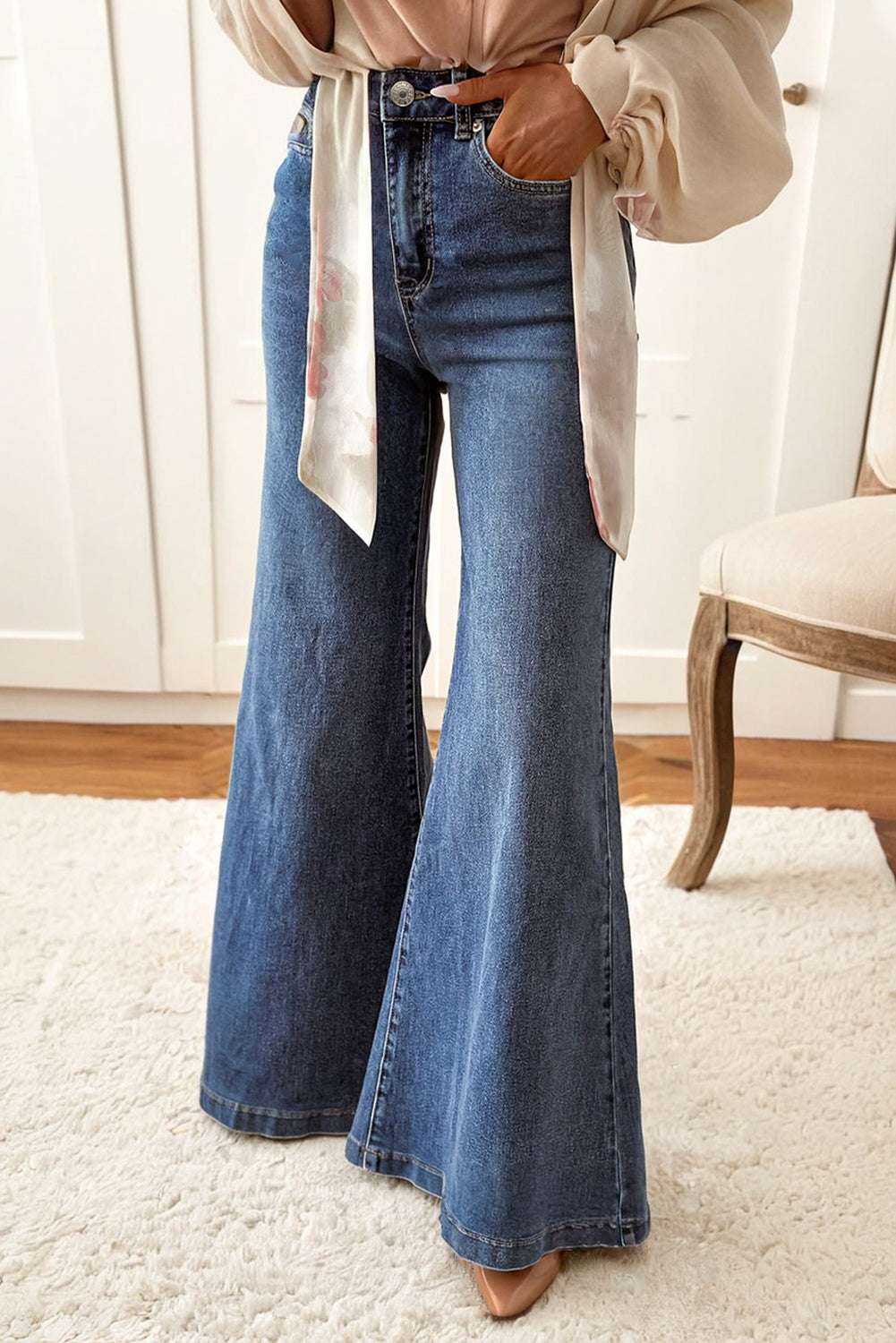 Beau Blue High Waist Button Zip Fly Bell Bottom Jeans