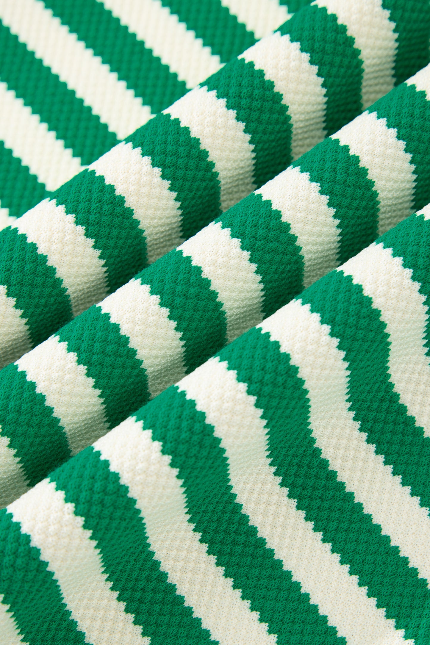 Green Stripe Puff Short Sleeve Patchwork V Neck Blouse