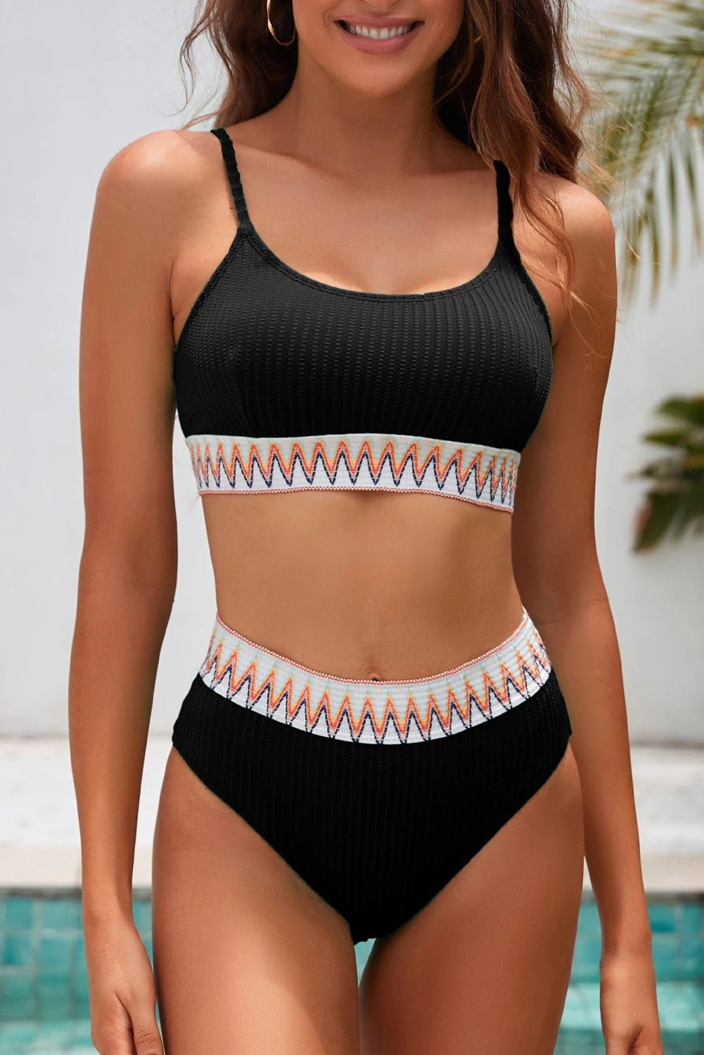 White Textured Contrast Banding Bikini High Waist 2pcs Swimsuit