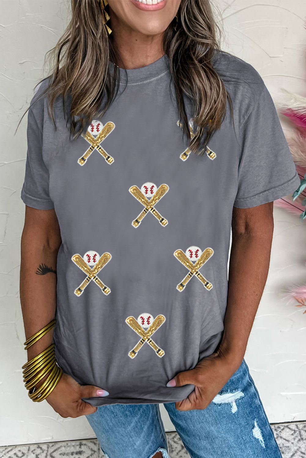 Gray Sequined Game Day Casual Tee