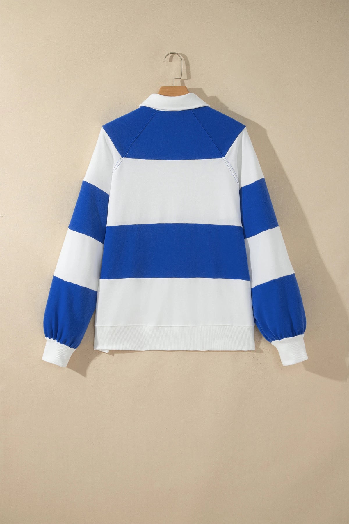 Dark Blue Striped Color Block Button V Neck Puff Sleeve Casual Sweatshirt
