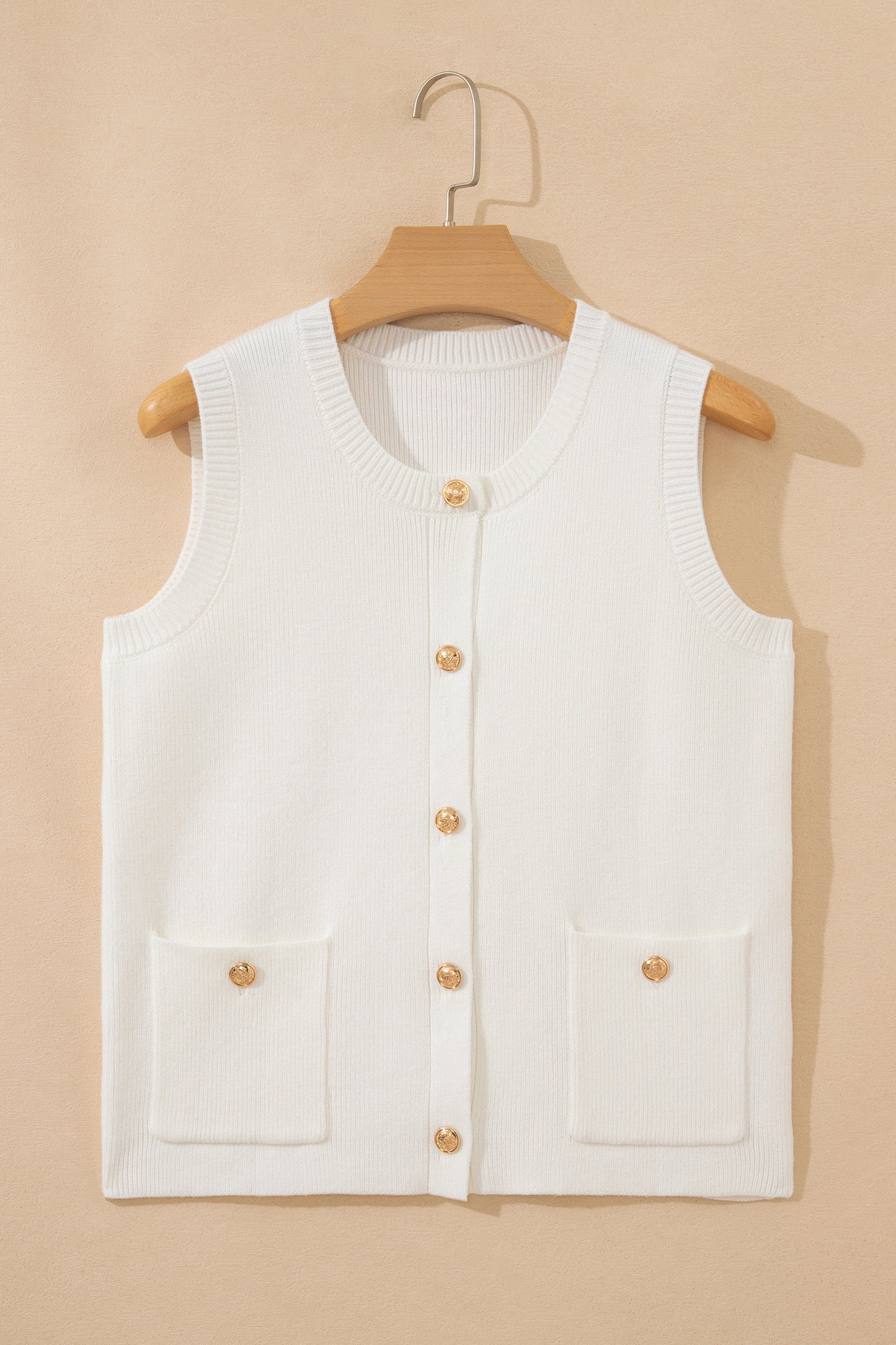 Yellow Cream Solid Color Sleeveless Knit Button Pocketed Sweater
