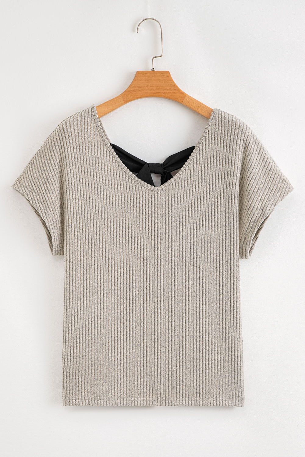 Gray Morn Ribbed Short Sleeve V Neck Colorblock Bow Back Top