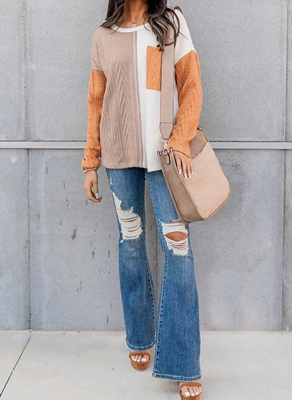 Orange Long Sleeve Colorblock Chest Pocket Textured Knit Top
