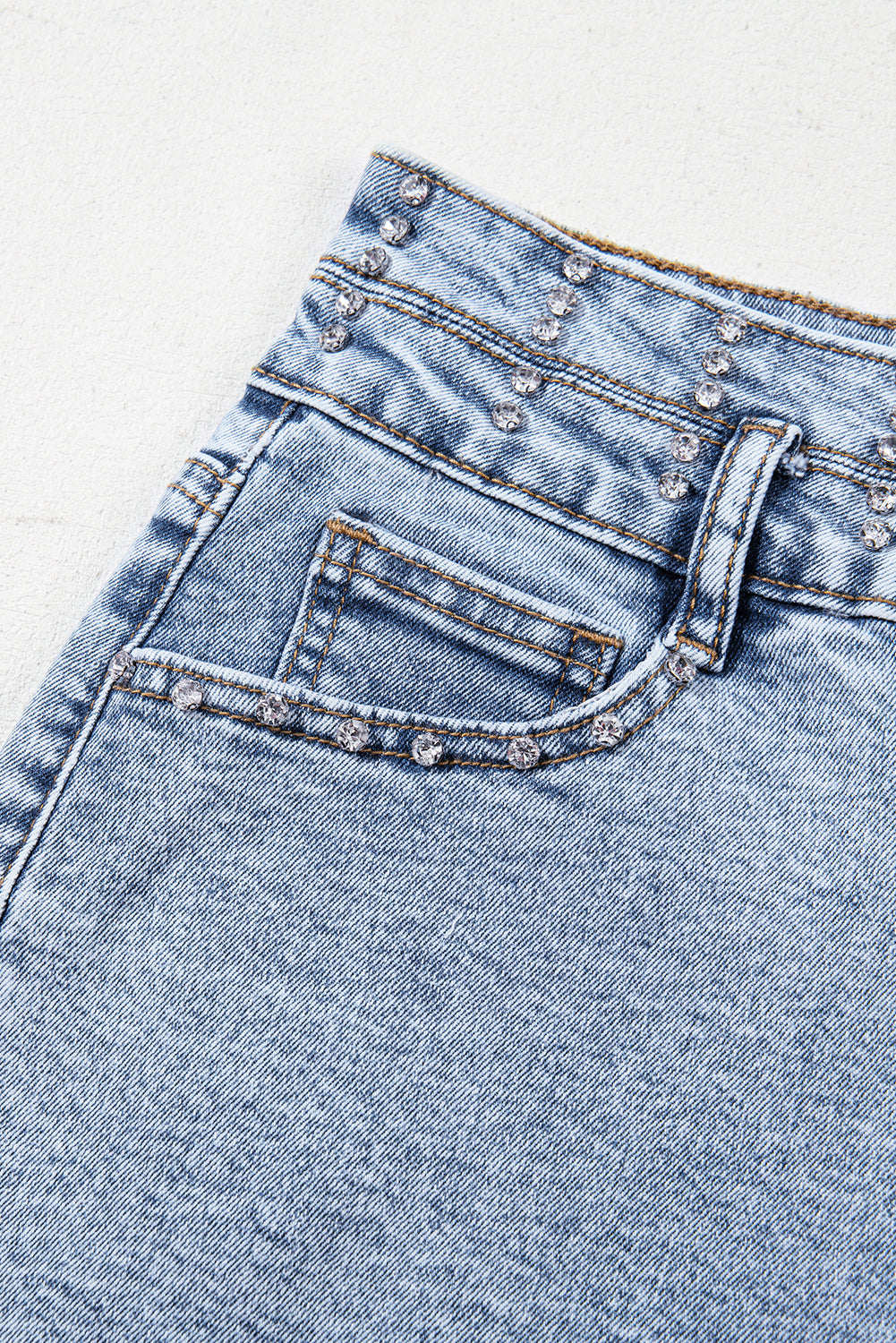 Rhinestone Embellished Light Wash High Waist Denim Shorts