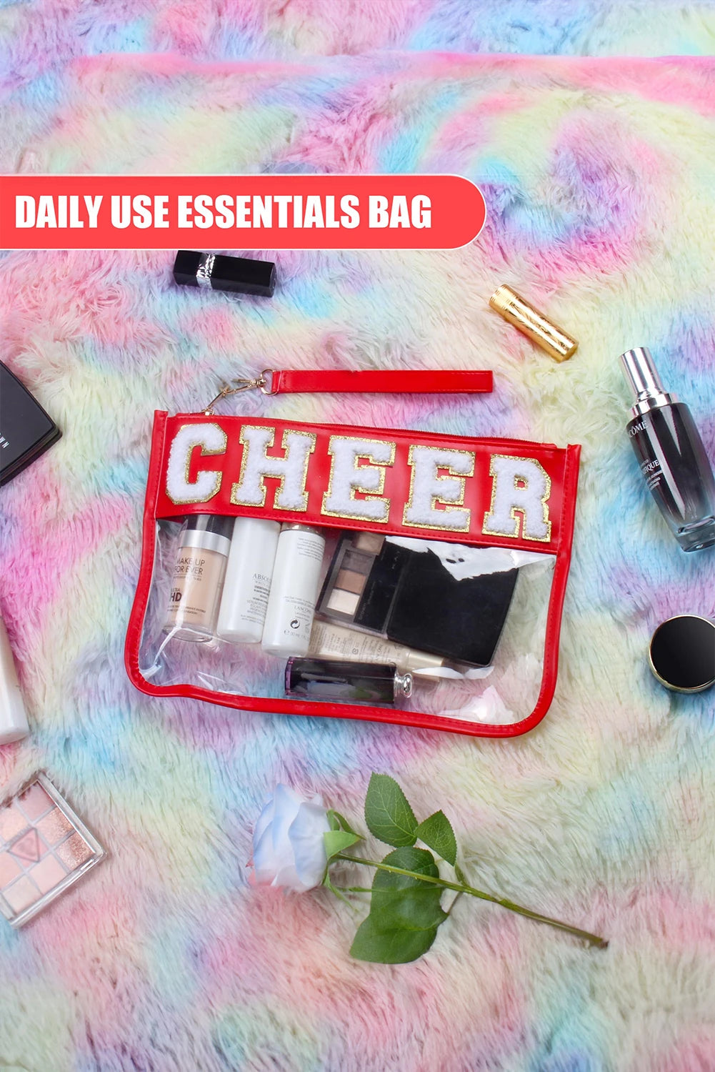Chenille Letter PU Leather Patchwork Clear Makeup Bag