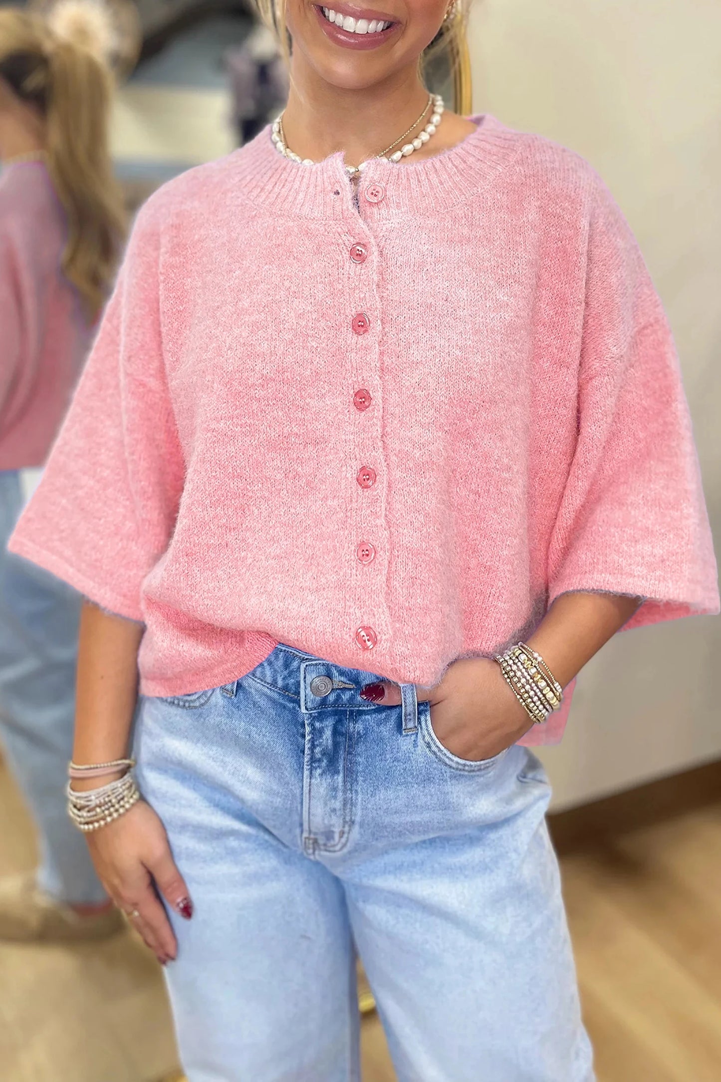 Blossom 3/4 Sleeve Boxy Knit Button Down Sweater Cardigan