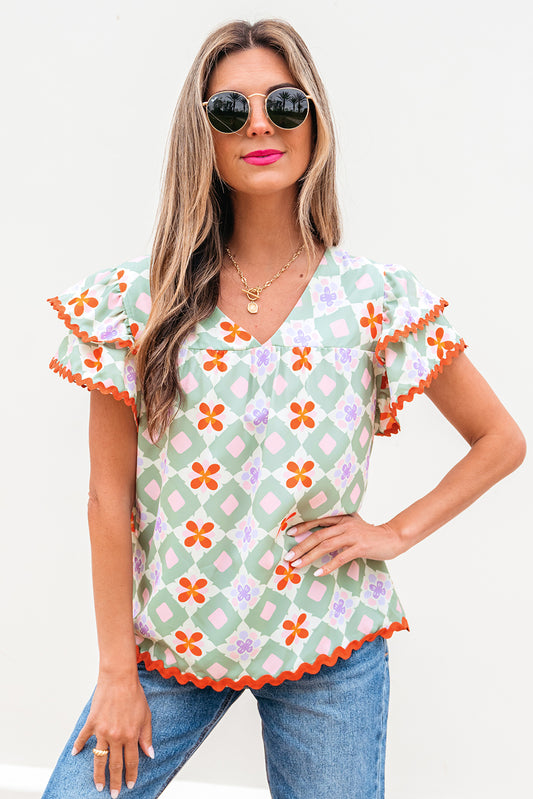 Green Geometric Floral Print Layered Flutter Sleeve V Neck Ric Rac Trim Blouse
