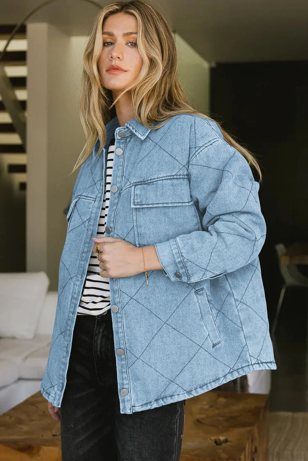 Black Rhombus Stitched Pattern Button Pocketed Denim Jacket