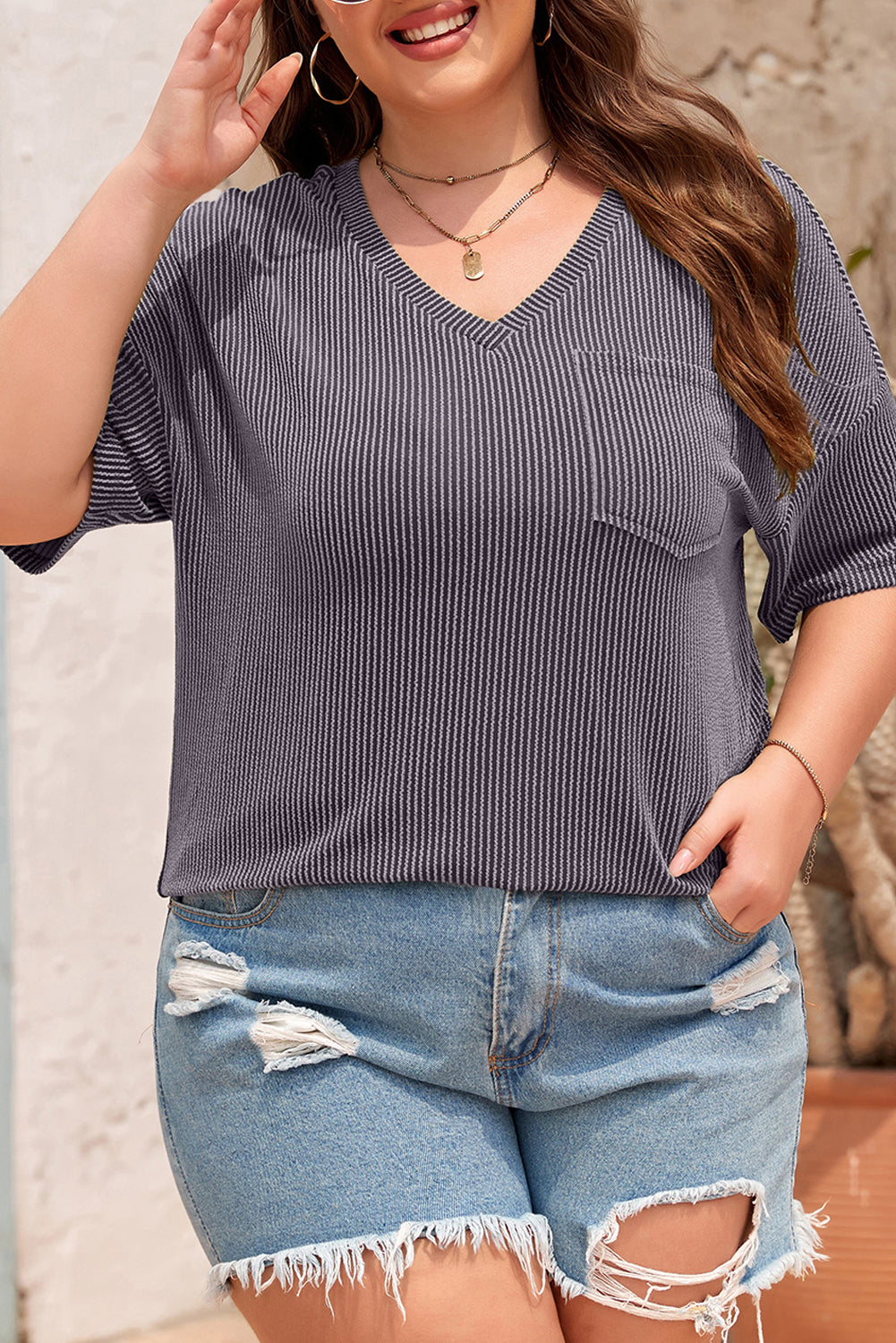 Textured Ribbed Plus Size Tunic Tee Casual Oversized Top