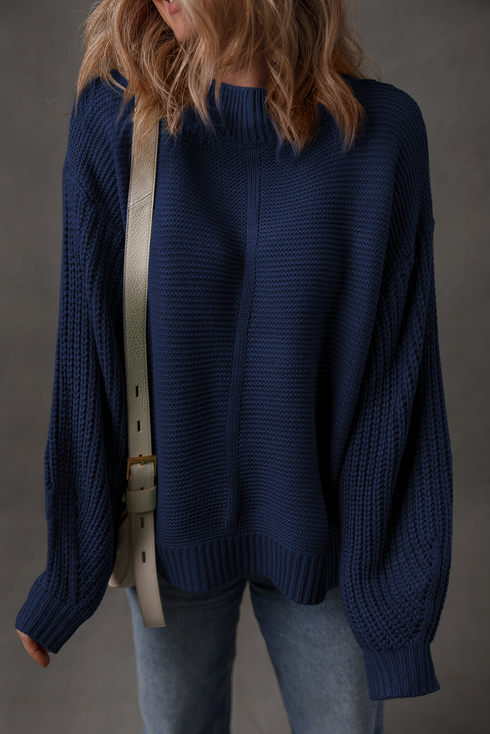 Mist Green Solid Color Front Seam Drop Shoulder Loose Sweater