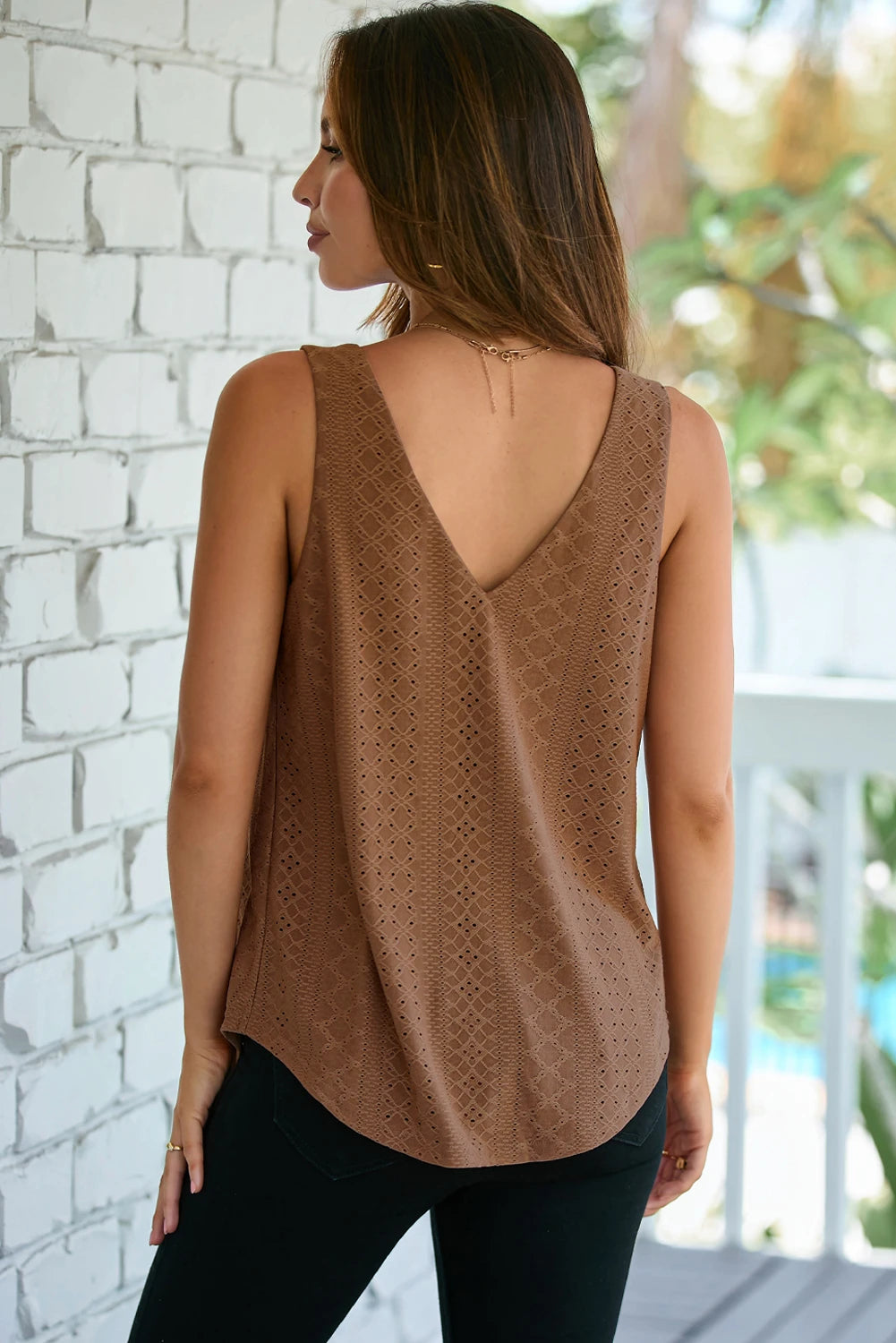 Eyelet Knit Patterned Loose V Neck Tank Top