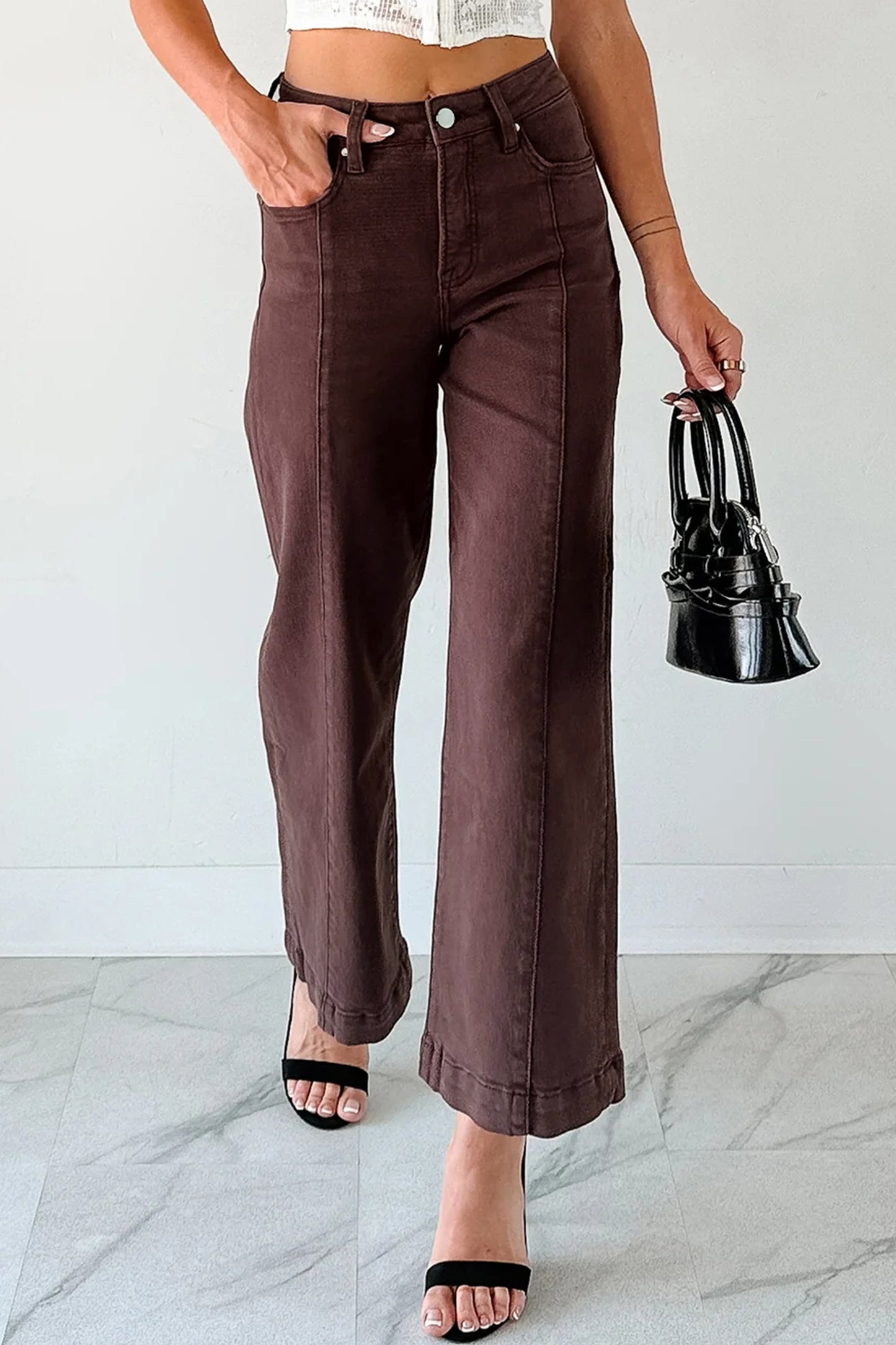 Red Sandalwood Solid Color Seamed Center Wide Leg Cropped Jeans