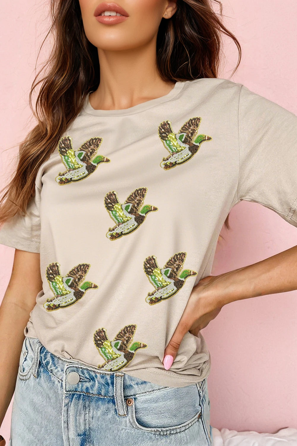 Khaki Flying Mallard Sequin Patched Graphic Tee