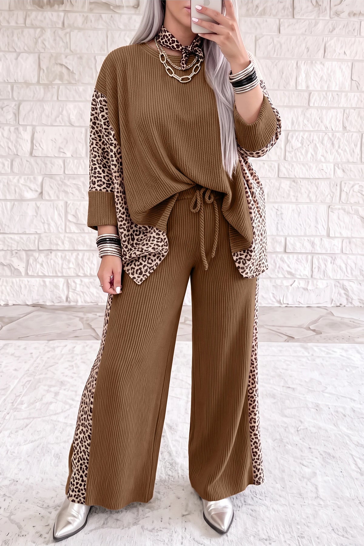 Parchment Leopard Print Twisted Ribbed Patchwork Long Sleeve Top Loose Pant Set