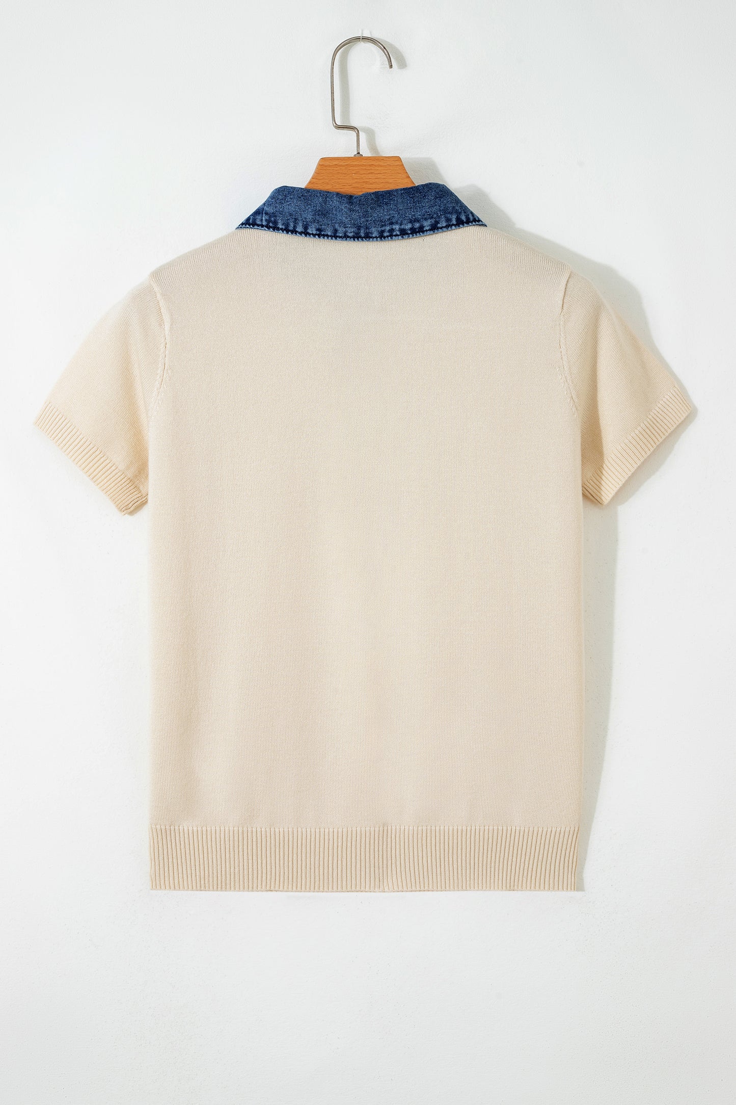 Jet Stream Short Sleeve Knit Denim Patchwork Polo Collar Sweater