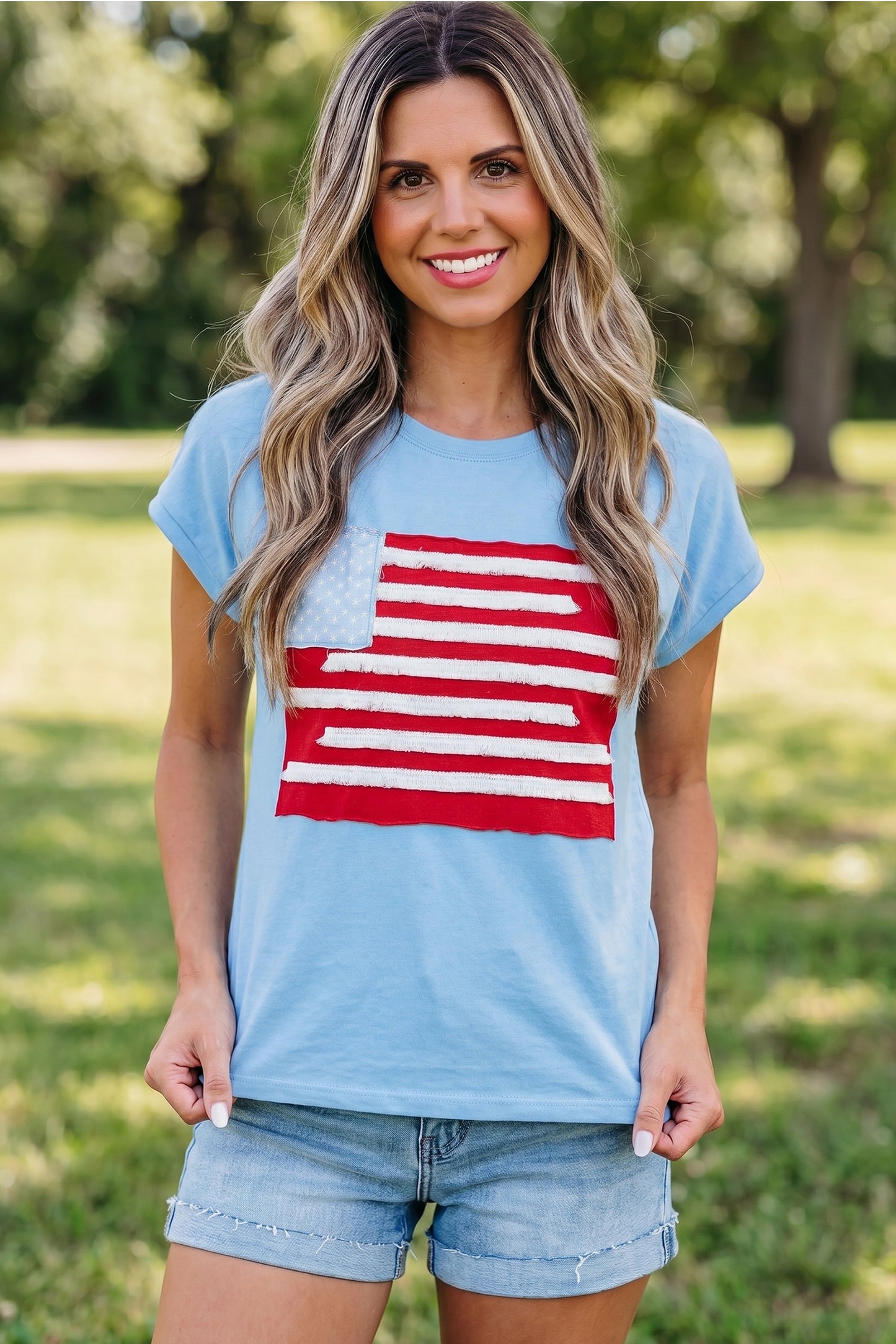 Flag Print Polyester Tee Short Sleeve Casual Shift
