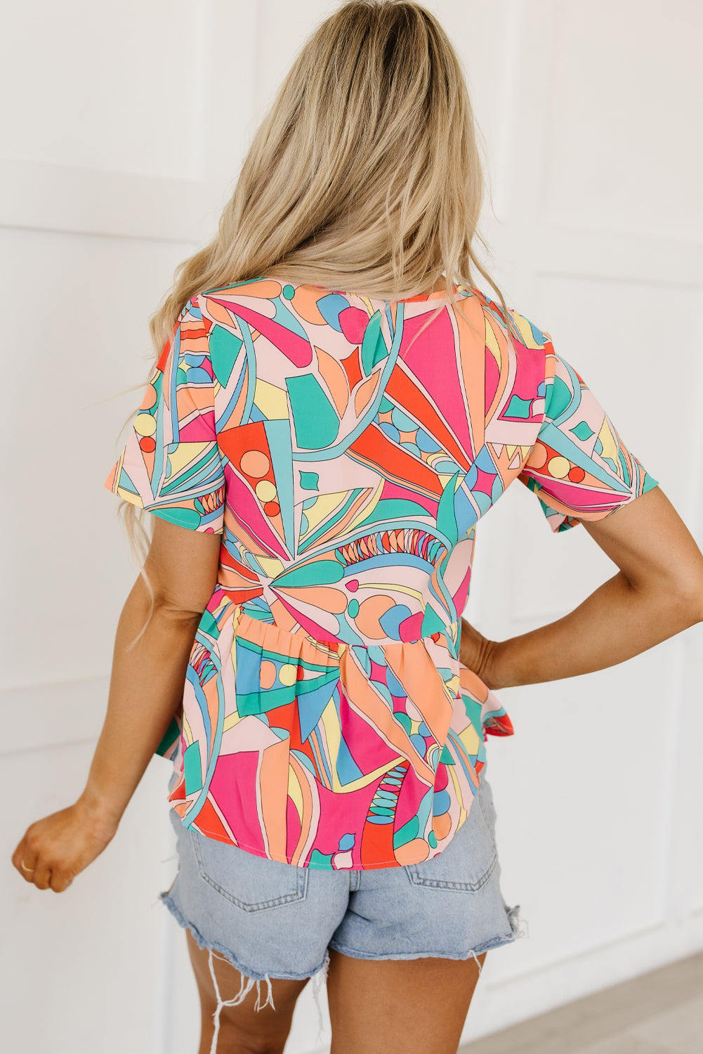 Abstract V Neck Blouse Boho Peplum Summer Top