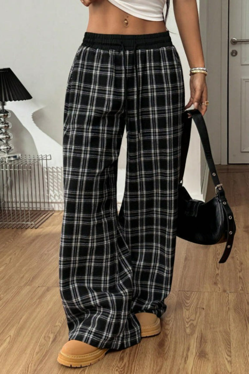 Plaid Wide Leg Pants Drawstring Elastic Waist Casual