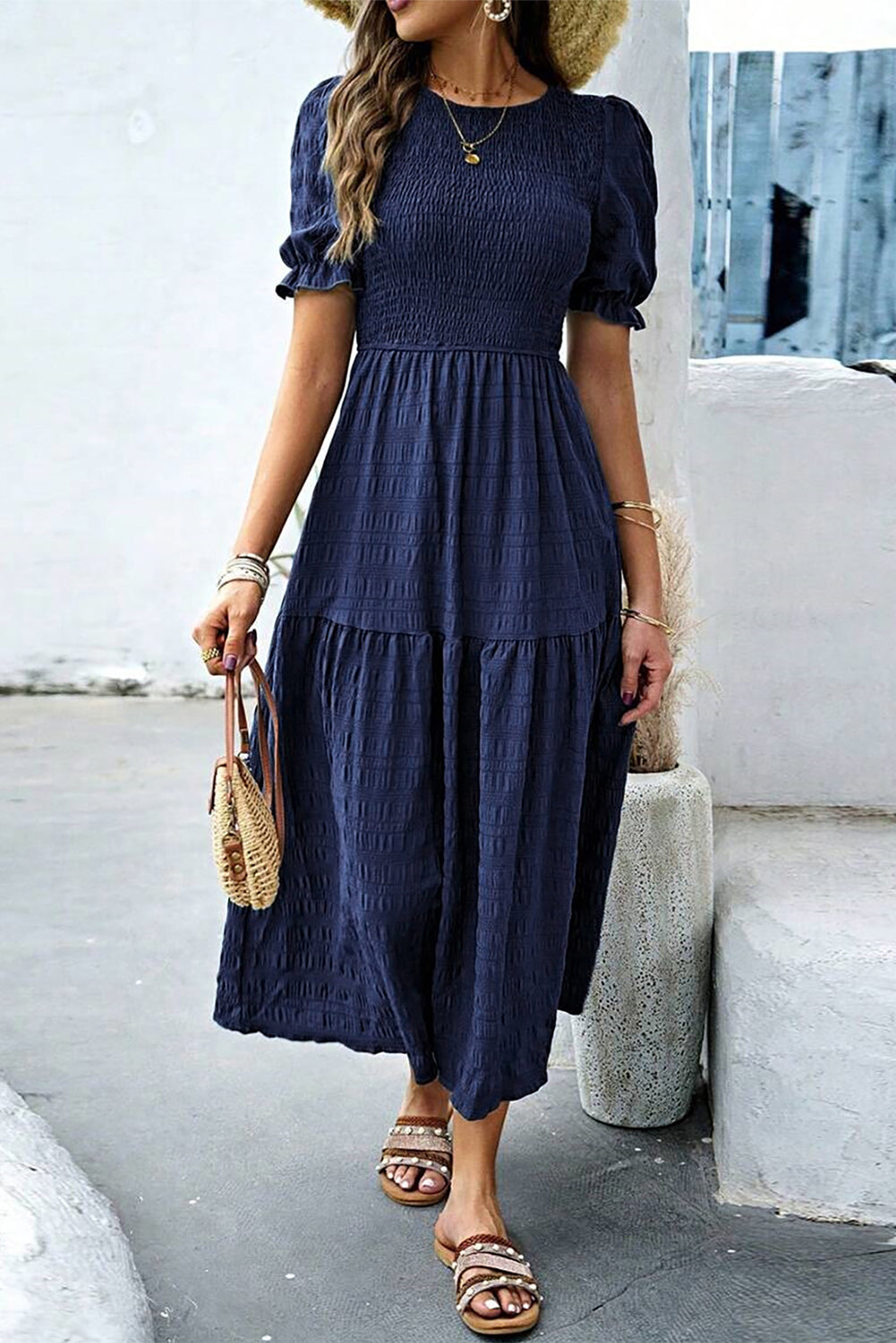Sail Blue Solid Textured Smocked Puff Short Sleeve High Waist Long Dress