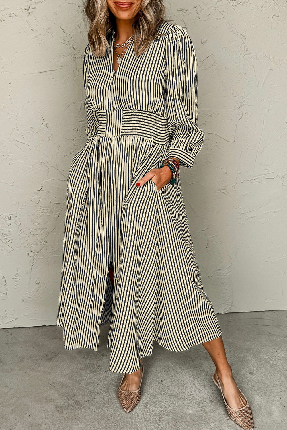 Green Stripe V Neck Zip Front Cinched High Waist Midi Dress