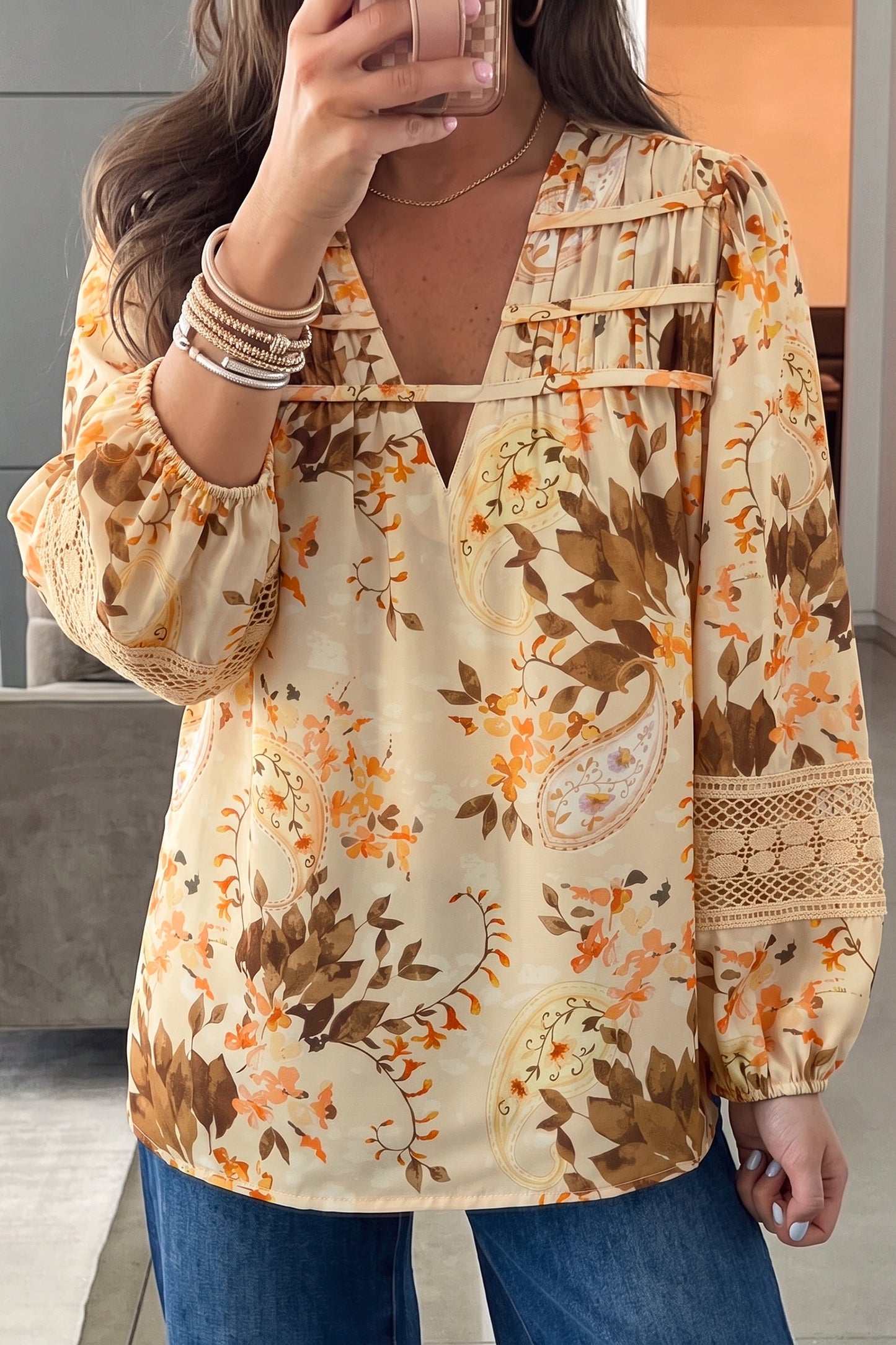 Khaki Paisley Print Decorative Binding Tape V Neck Shift Blouse