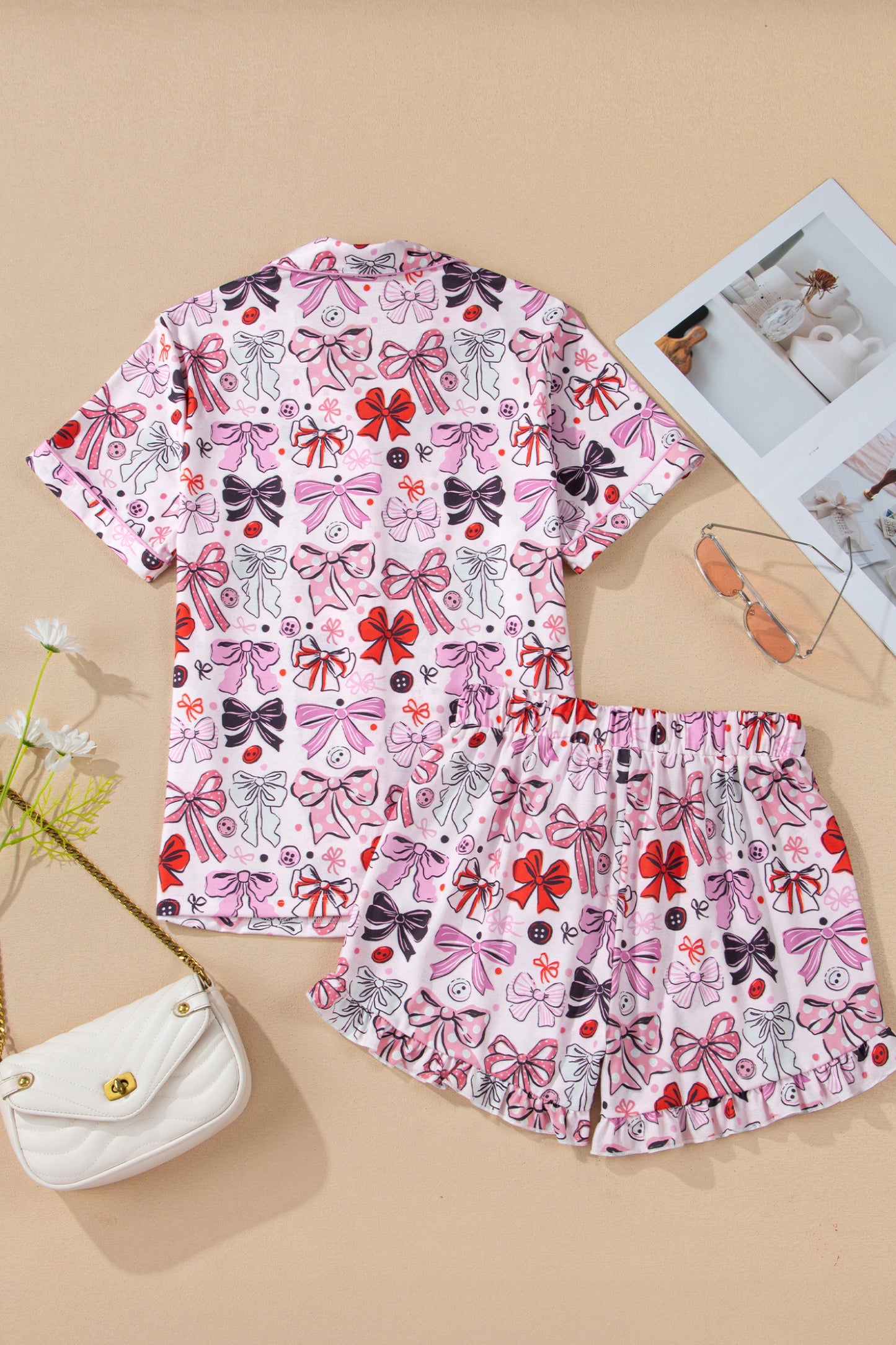 Pink Cute Ribbon Bows Printed Shirt Style 2pcs Short Pajama Set