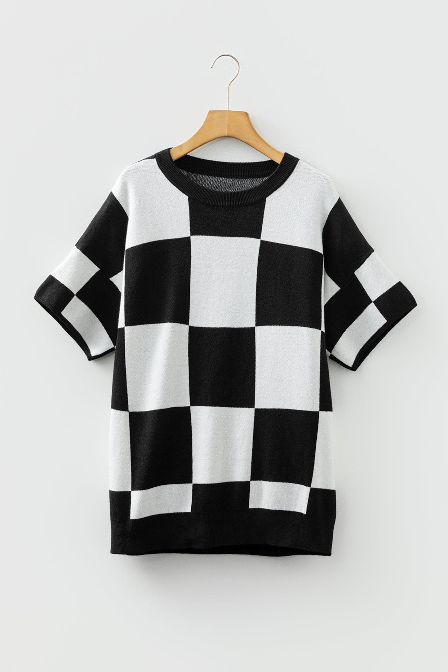 Checkered Pattern Loose Drop Shoulder Half Sleeve Sweater