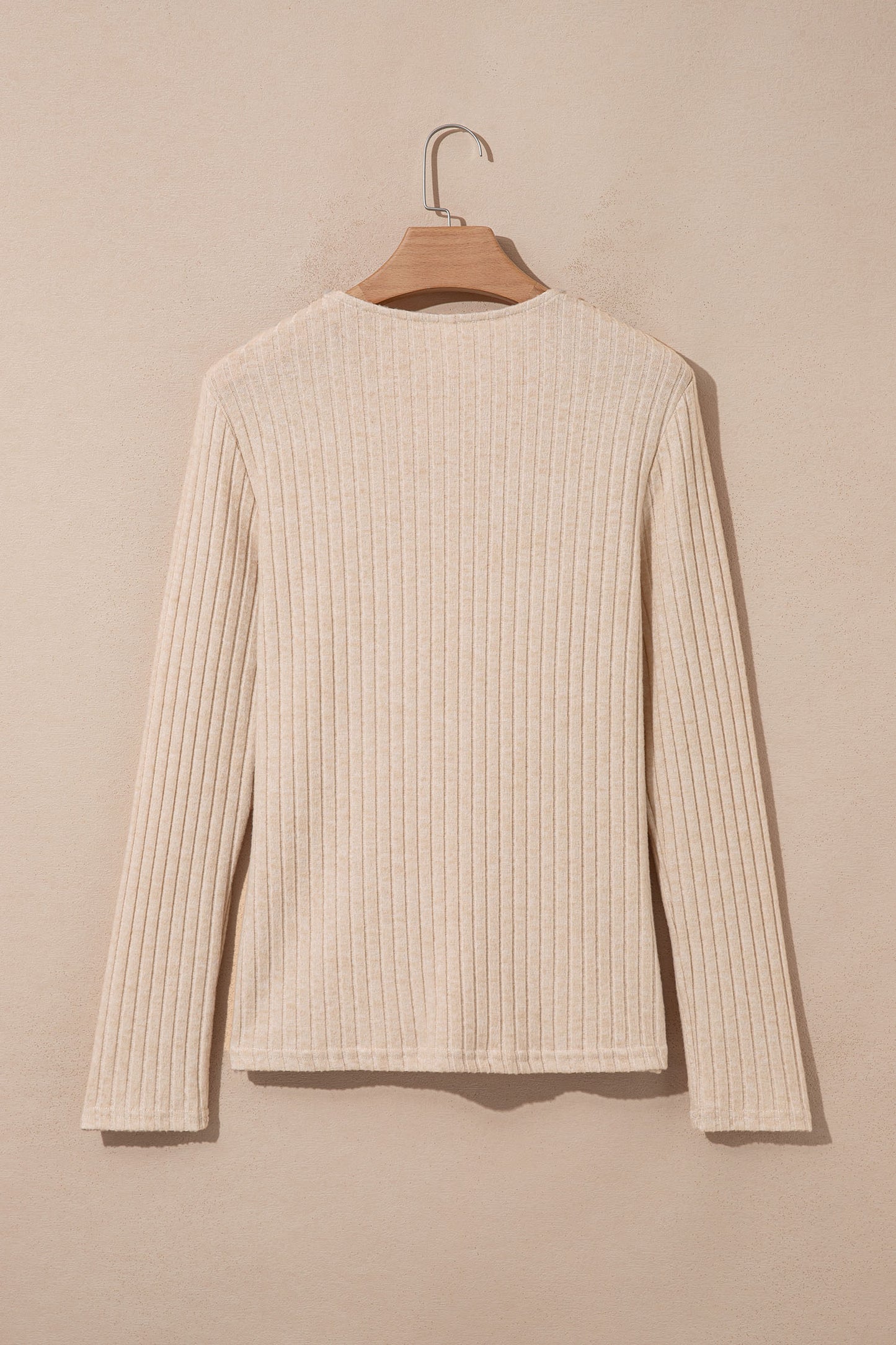 Apricot Solid Color Ribbed Knit Cowl Neck Long Sleeve Top