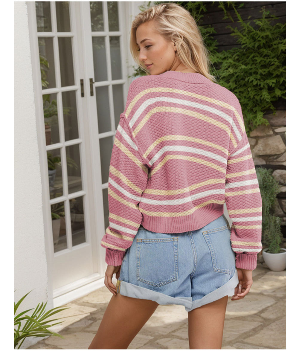 Colorblock Knit Cardigan | Button Down Cropped Sweater