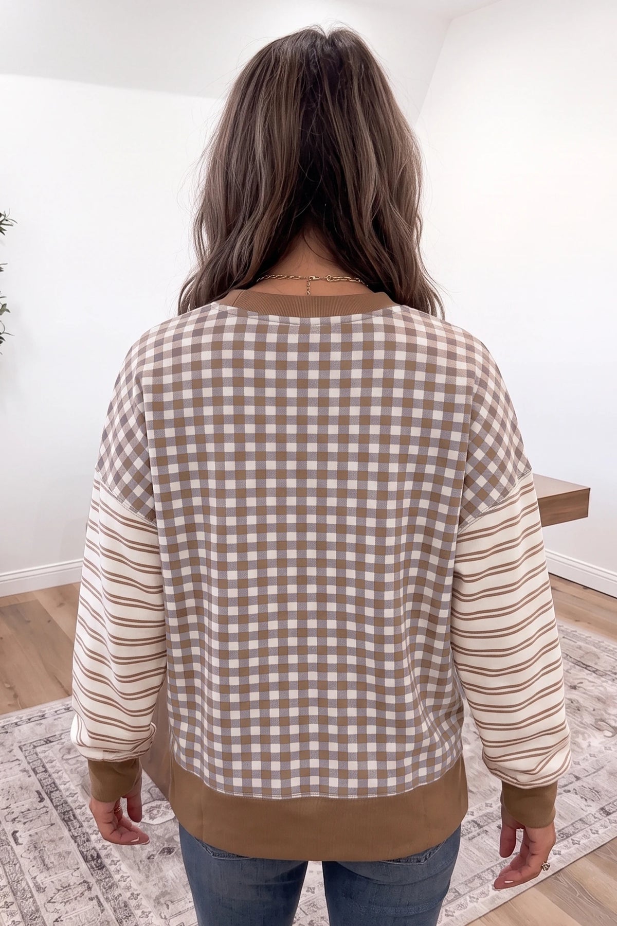 Brown Plaid Striped Patchwork Long Sleeve Casual Top