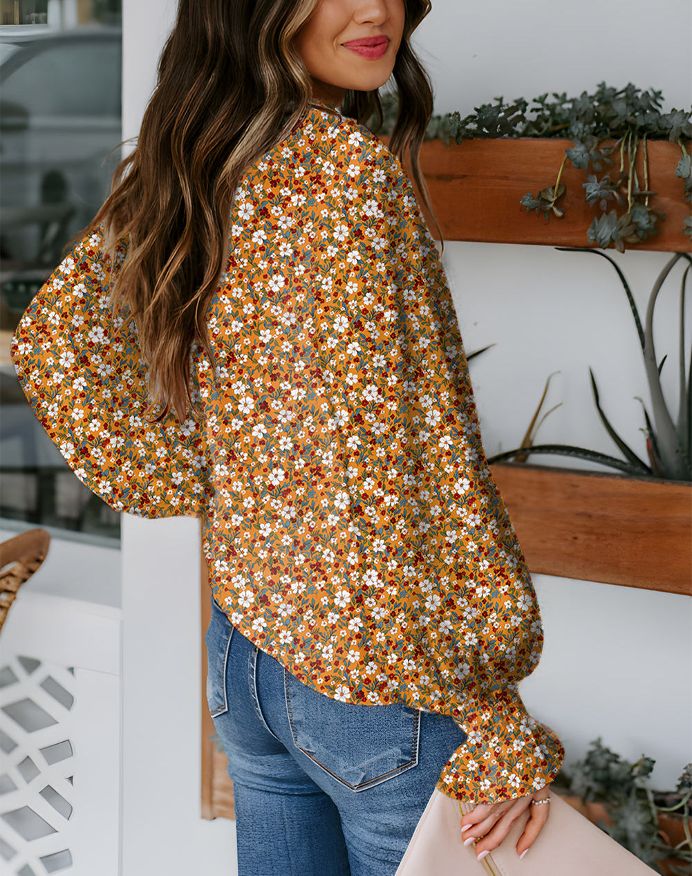Orange Boho Floral Ruffled Bubble Sleeve V Neck Fall Blouse