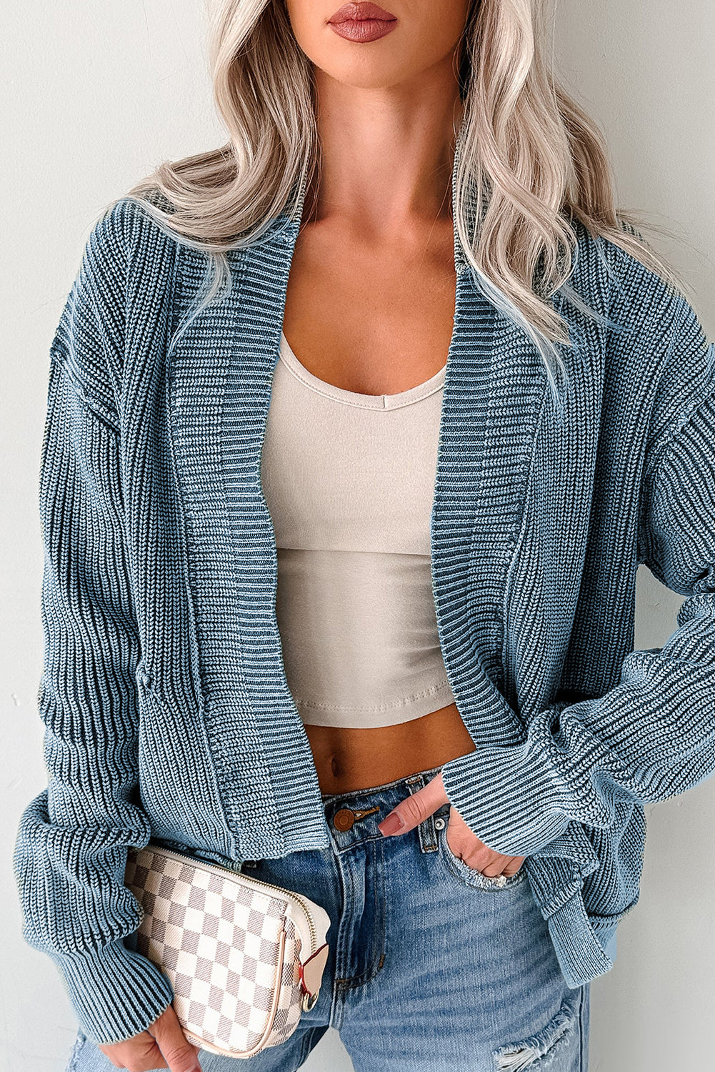 Chestnut Mineral Wash Exposed Seam Patchwork Knit Open Sweater Cardigan